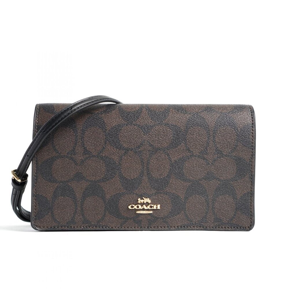 Coach Anna Foldover Crossbody Clutch in Signature Canvas in Brown/Black (3036)